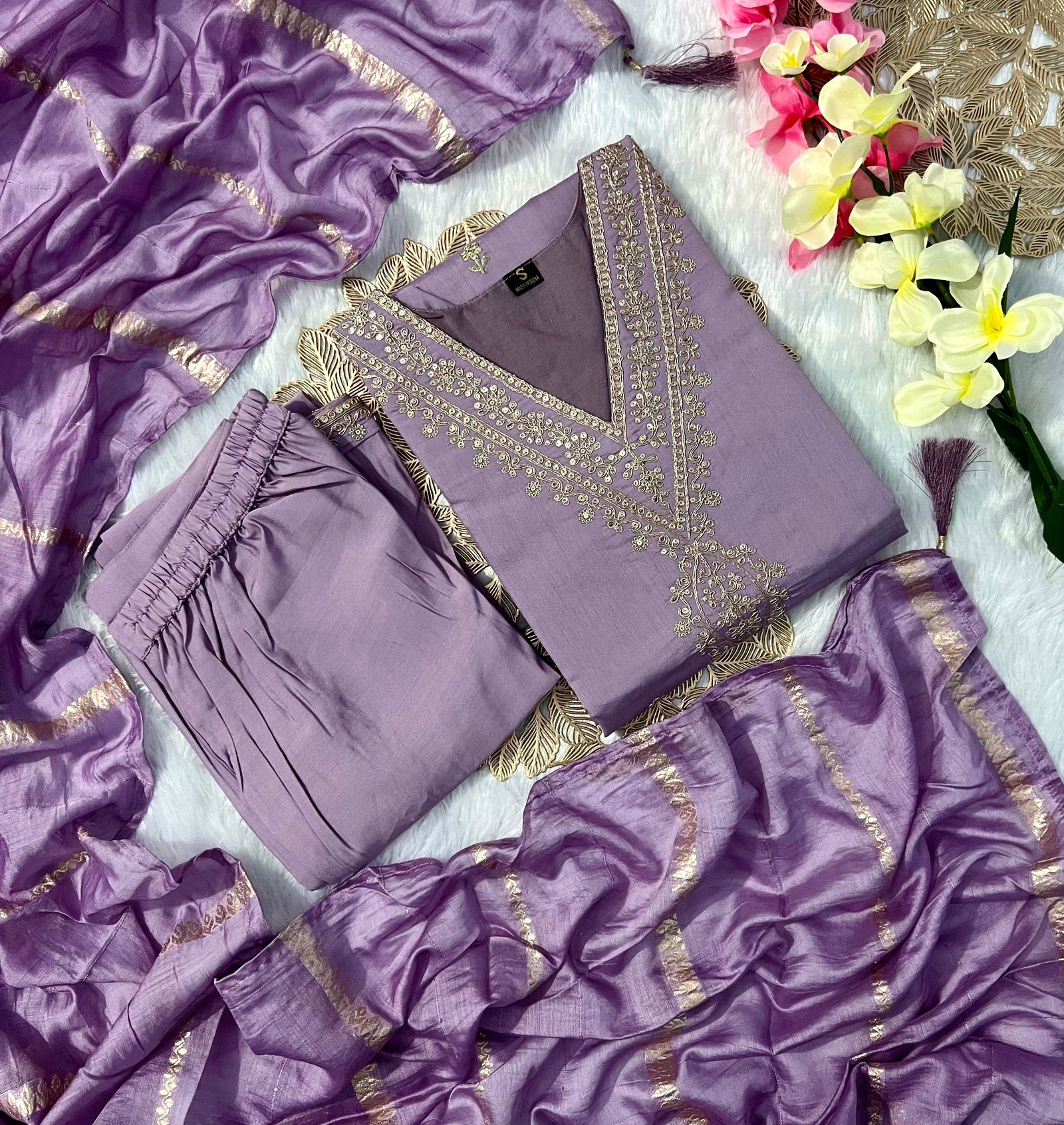 VT Designer Lavender Roman Silk Embroidery Kurti With Bottom Dupatta Wholesale Market In Surat
